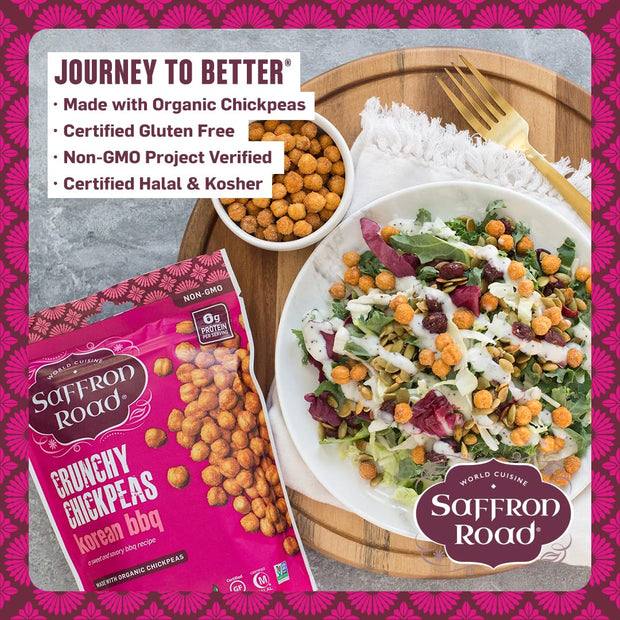 Saffron Road Roasted and Crunchy Sea Salt and Cracked Pepper Chickpeas | High Protein Snacks | Gluten-free, Vegan, Non-GMO, and Certified Halal and Kosher | 5.4oz Pouch | Pack of 6