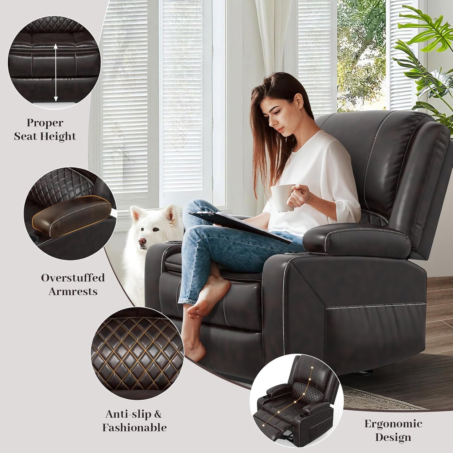 Loveseat Recliner Sofa Set with 2-Tier Cushion, 2+1+1 Pieces in Living Room, 2 Seater Reclining Loveseat Leather with Removable Console, 2 Oversize Recliner Chair Sofa Seat - Grey