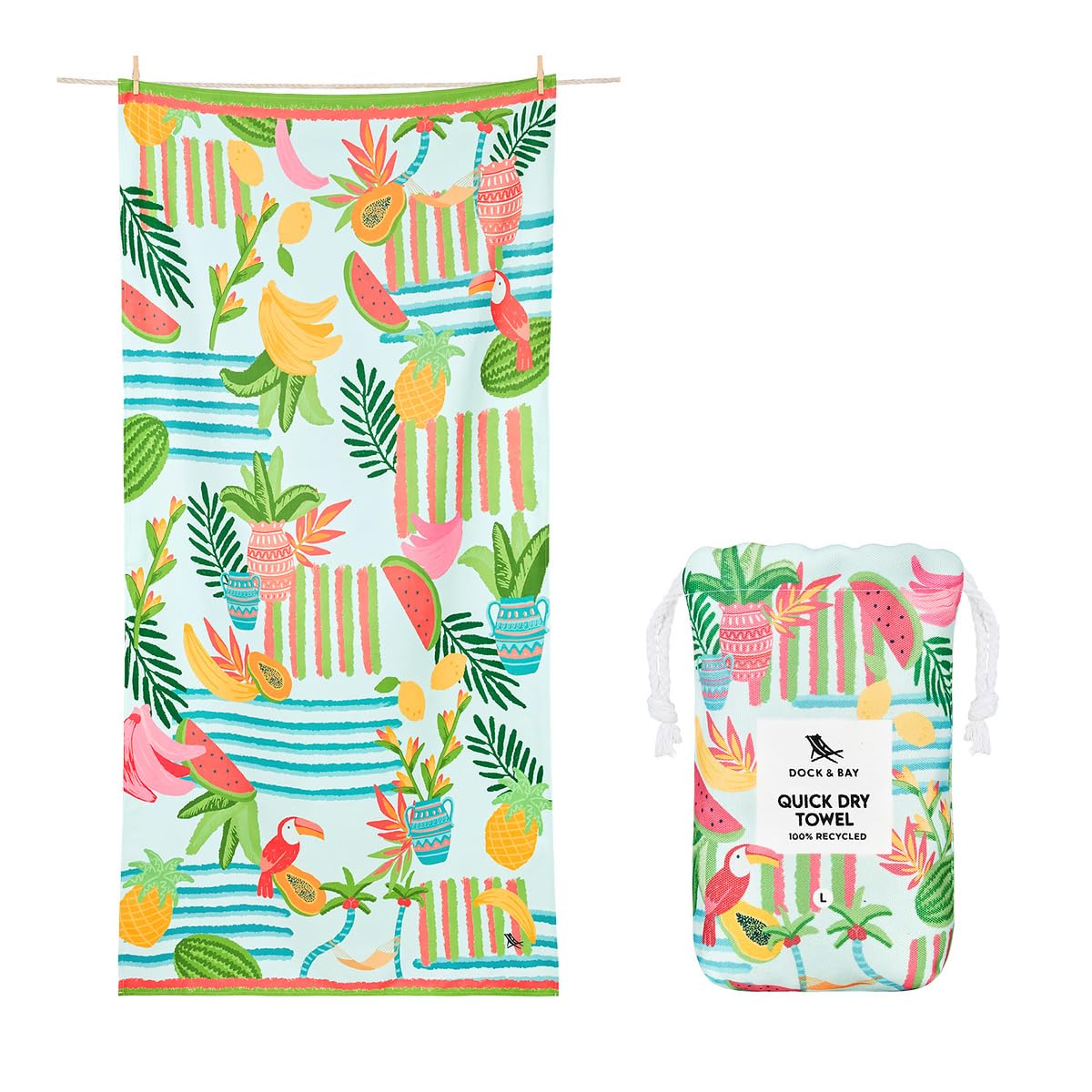 Dock & Bay Beach Towel - Quick Dry, Sand Free - Compact, Lightweight - 100% Recycled - Includes Bag - Cabana - Bondi Blue - Large (160x90cm, 63x35)