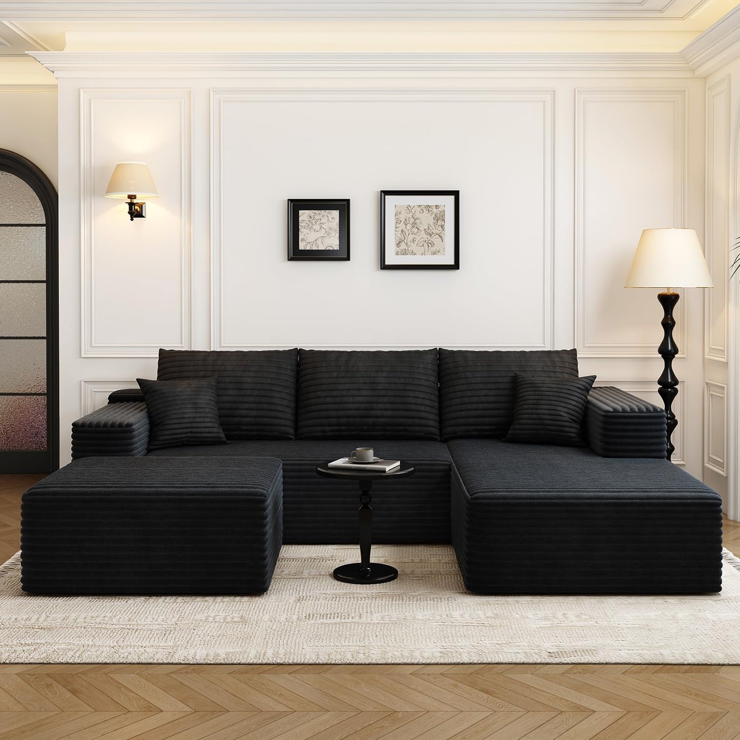 107.5" Cloud Modular Sectional Sofa with 1 Ottoman,Modern Minimalist Upholstered Couches, Comfort U Shaped Sofa for Living Room,Deep Seat Corner Couch，No Assembly Required (Black,Left Facing Chaise)