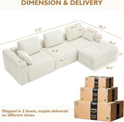 112" Modular Sectional Sofa L-Shaped Couch for Living Room, Comfy Cloud Sofa Modern 3-Seat Sofa with Ottoman, Corduroy Upholstered Boneless Couch with Deep Seat, 5 Pillows, Beige