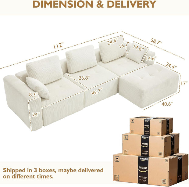 112" Modular Sectional Sofa L-Shaped Couch for Living Room, Comfy Cloud Sofa Modern 3-Seat Sofa with Ottoman, Corduroy Upholstered Boneless Couch with Deep Seat, 5 Pillows, Beige
