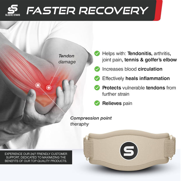 Sleeve Stars Tennis Elbow Brace for Women - Adjustable Tennis Elbow Strap, Golfers Elbow Brace for Men, Counterforce Brace for Tennis Elbow for Tendonitis Relief, Fits 9"-23" (Single/Black)
