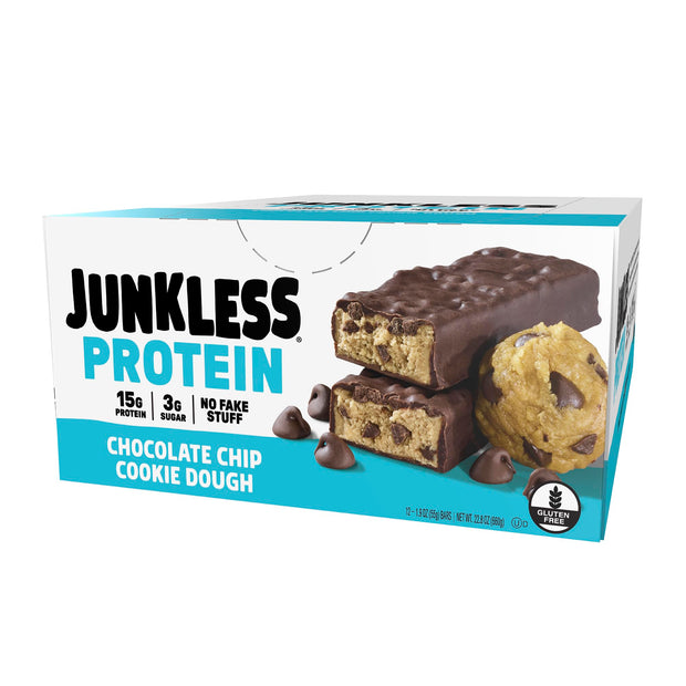 JUNKLESS Protein Bars - Cookies & Cream - 15g Protein, No Added Sugar, Gluten Free, High Fiber, Delicious Taste and Texture, Satisfying, Healthy Snack for Energy - 12 Bars