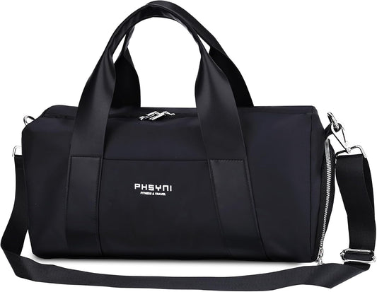 Compact Sports Gym Bag for Women and Men, Cute Mini Duffle Bag with Wet Pocket & Shoes Compartment, Personal Item Travel Workout Bag, 16"-Small, Black