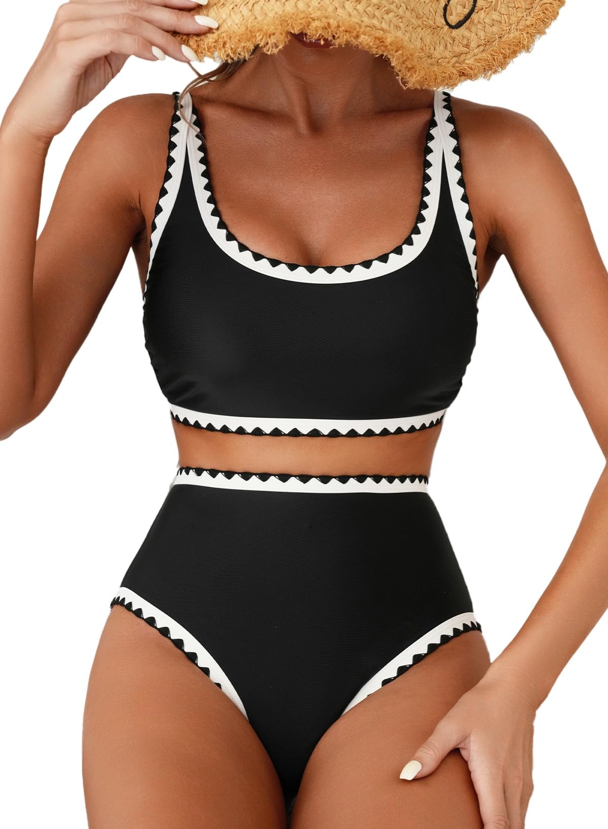 Herseas Women's Bikini Sets Floral Print Whip Stitch 2 Piece Swimsuits High Waisted Scoop Bathing Suits