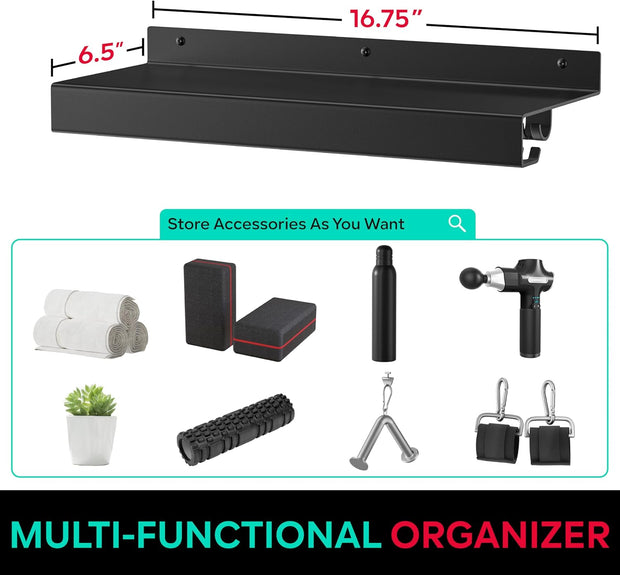 Metal Shelf Compatible with Tonal Accessories, Floating Shelf Organizer for Home Gym Storage, T-Lock Adapters Bracket Hanger, Gym Rack Wall Mounted with Hooks, Black Workout Holder