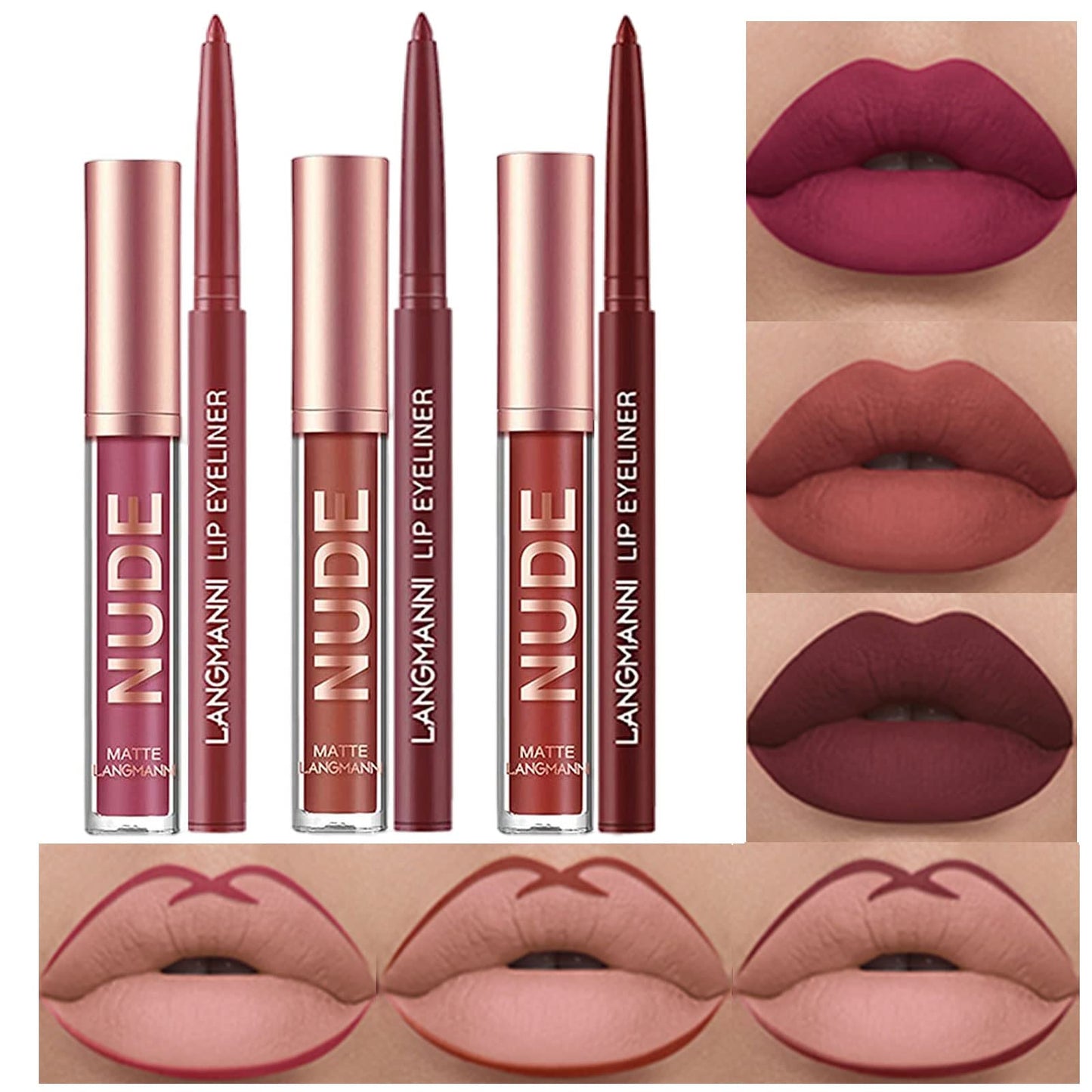 BestLand 6Pcs Matte Liquid Lipstick and Lip Liner Set, Non-Stick Cup Not Fade Waterproof 24 Hour Lip Gloss Nude Brown Lip Liner Pencil for Women, labiales mate 24 horas originales (Set E)