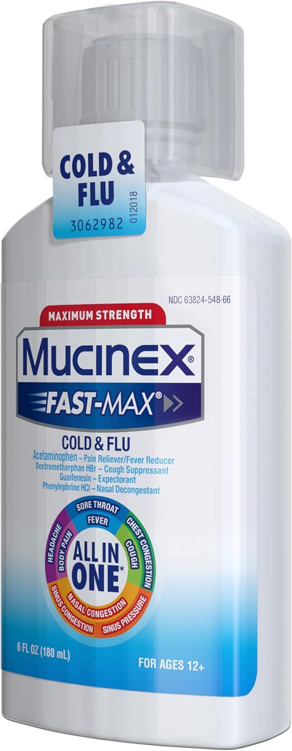 Mucinex Maximum Strength Fast-Max Cold & Flu and Nightshift, All-in-One Multi Symptom Relief Liquid, 6 Fl Oz - 2 Count (Pack of 1)