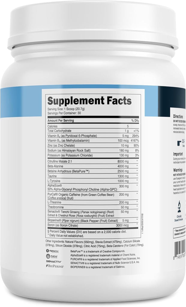Transparent Labs Bulk Pre Workout Powder - Naturally Sweetened Advanced Pre-Workout Formula for Muscle Building and Strength - 30 Servings, Peach Mango