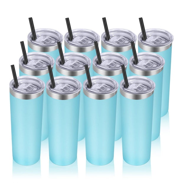 VEGOND Stainless Steel Tumblers Bulk 12 Pack, 20 oz Vacuum Insulated Skinny Tumblers with Lids and Straws, Double Wall Coffee Mug, Travel Water Cup, White