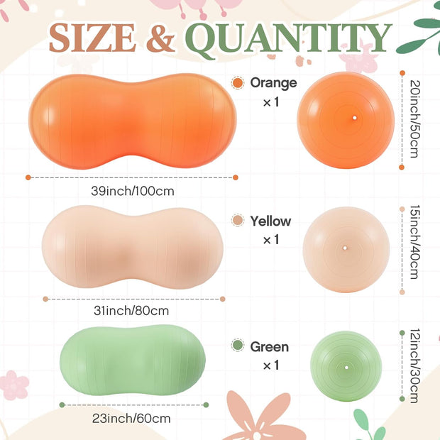 Jexine 3-Piece Anti-Burst Peanut Shape Ball Set - Exercise Yoga Balance Stability Ball for Kid Therapy, Pregnancy, and Home Gym, Includes 1 Pump, 3 Size Options