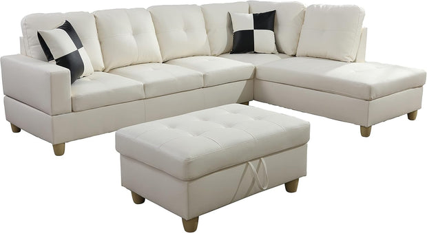 Sectional Couch 103.5" L Shaped Couch Comfy Futon Bed Upholstered Faux Leather 3 Pieces Living Room Furniture Sets with Ottoman and High Density Sponges for Living Room, White
