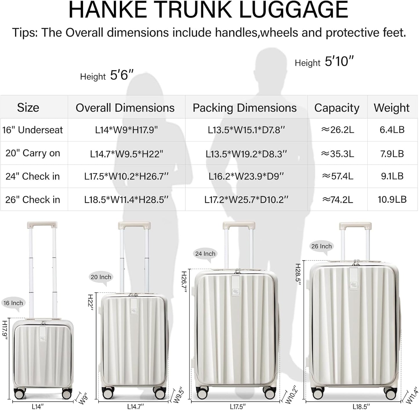 Hanke 20 Inch Carry On Luggage with Wheels PC Hard Shell Suitcase Top Opening Aluminum Frame Travel Luggage Suitcases for Woman Men Gifts.(Ivory White)