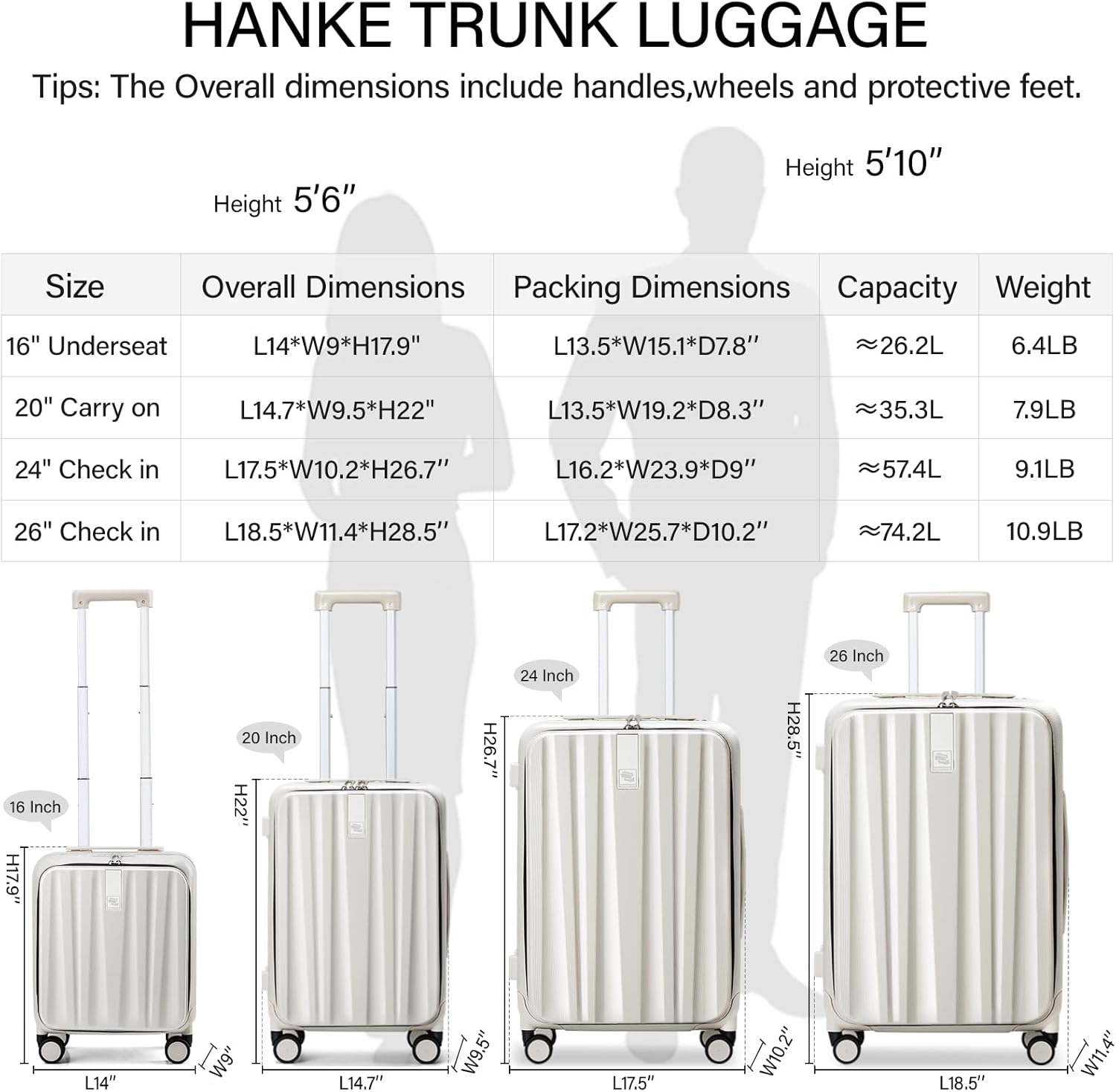 Hanke 20 Inch Carry On Luggage with Wheels PC Hard Shell Suitcase Top Opening Aluminum Frame Travel Luggage Suitcases for Woman Men Gifts.(Ivory White)