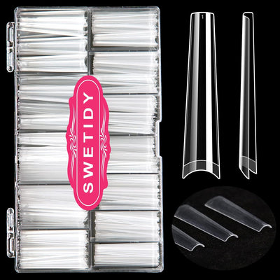No C Curve 3XL Long Coffin Nail Tips, 420pcs Clear Acrylic Coffin Shape SWETIDY Flattened Half Cover False Nails for Salon&Home DIY French ABS Nail Art Tips,12 Sizes