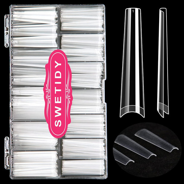 No C Curve 3XL Long Coffin Nail Tips, 420pcs Clear Acrylic Coffin Shape SWETIDY Flattened Half Cover False Nails for Salon&Home DIY French ABS Nail Art Tips,12 Sizes