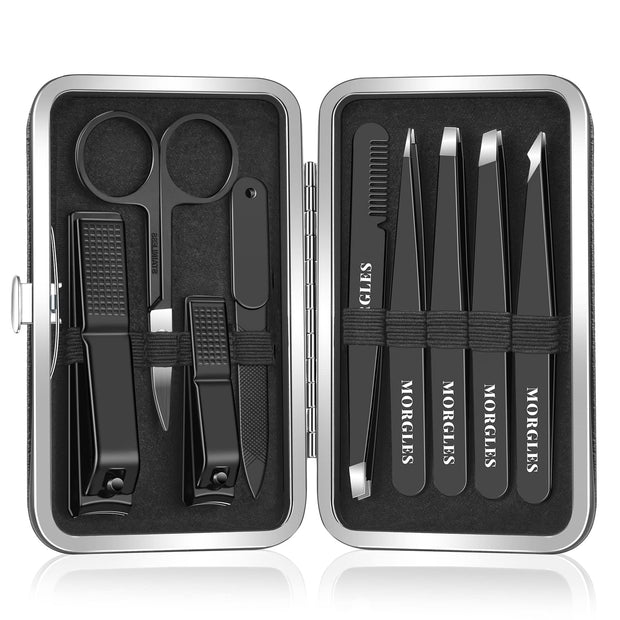 MORGLES Tweezers Set, Professional Nail Clippers and Tweezer Kit for Women and Men with Leather Travel Case, 9 Pack