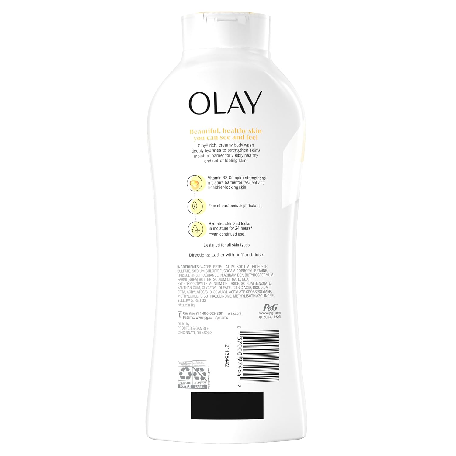 Olay Body Wash for Women, Ultra Moisture, 24hr Moisturizing, Hydrating & Refreshing, B3 Vitamin Complex, Free of Parabens & Phthalates, For All Skin Types, Shea Butter Scent, 22 fl oz