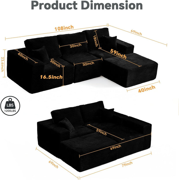 108" Modular Sectional Sofa Cloud Couch with Deep Seats, L Shape Memory Foam Couch with Chaise and Movable Ottoman, Sectional Couches for Living Room, Comfy Boneless Sofa No Assembly, Black