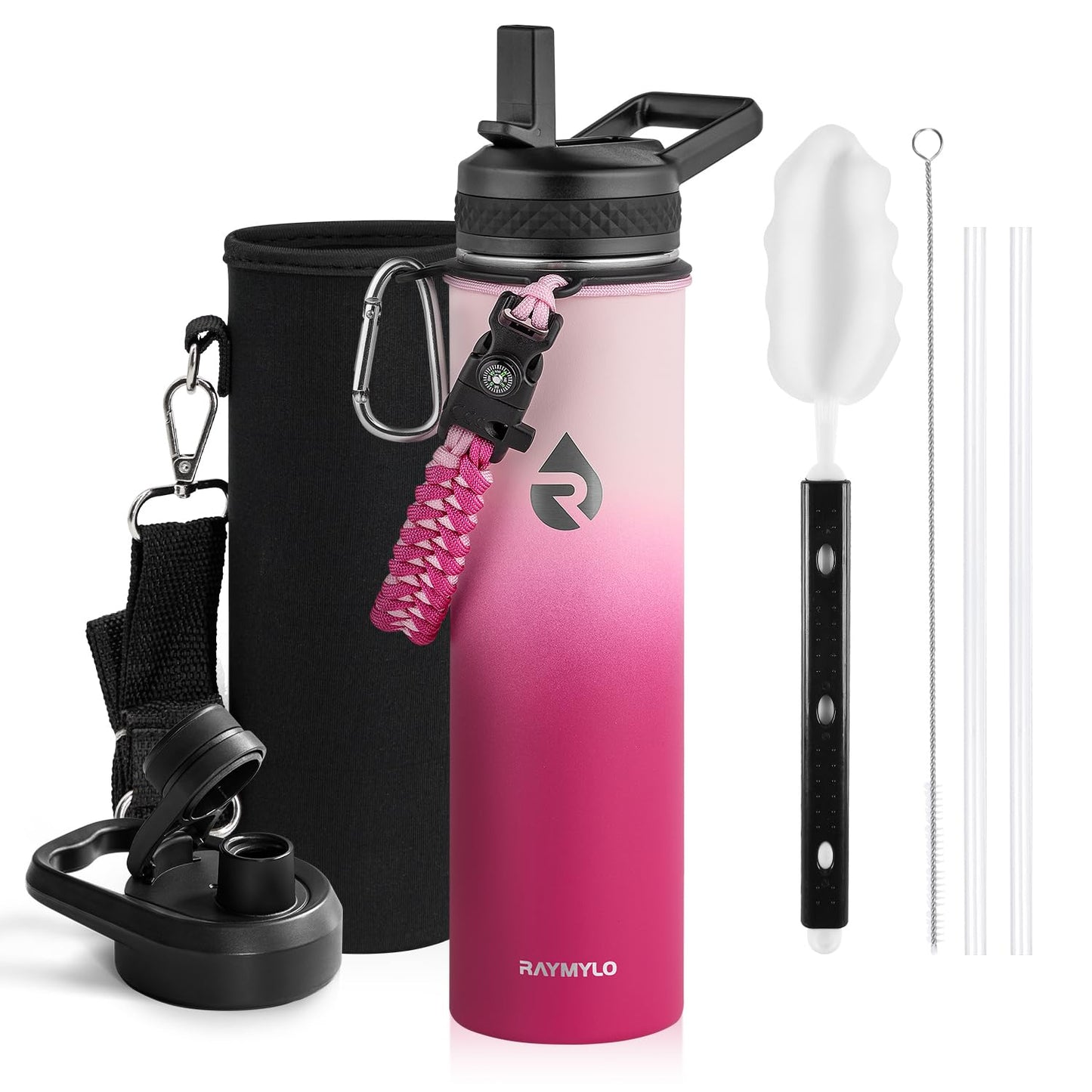 Insulated Water Bottle 64 oz, Triple Wall Vacuum Stainless Steel (Cold for 48 Hrs), Leak Proof & Non-BPA, Half Gallon Water Flask Jug with Paracord Handle & Straw Spout Lids, Magic Black