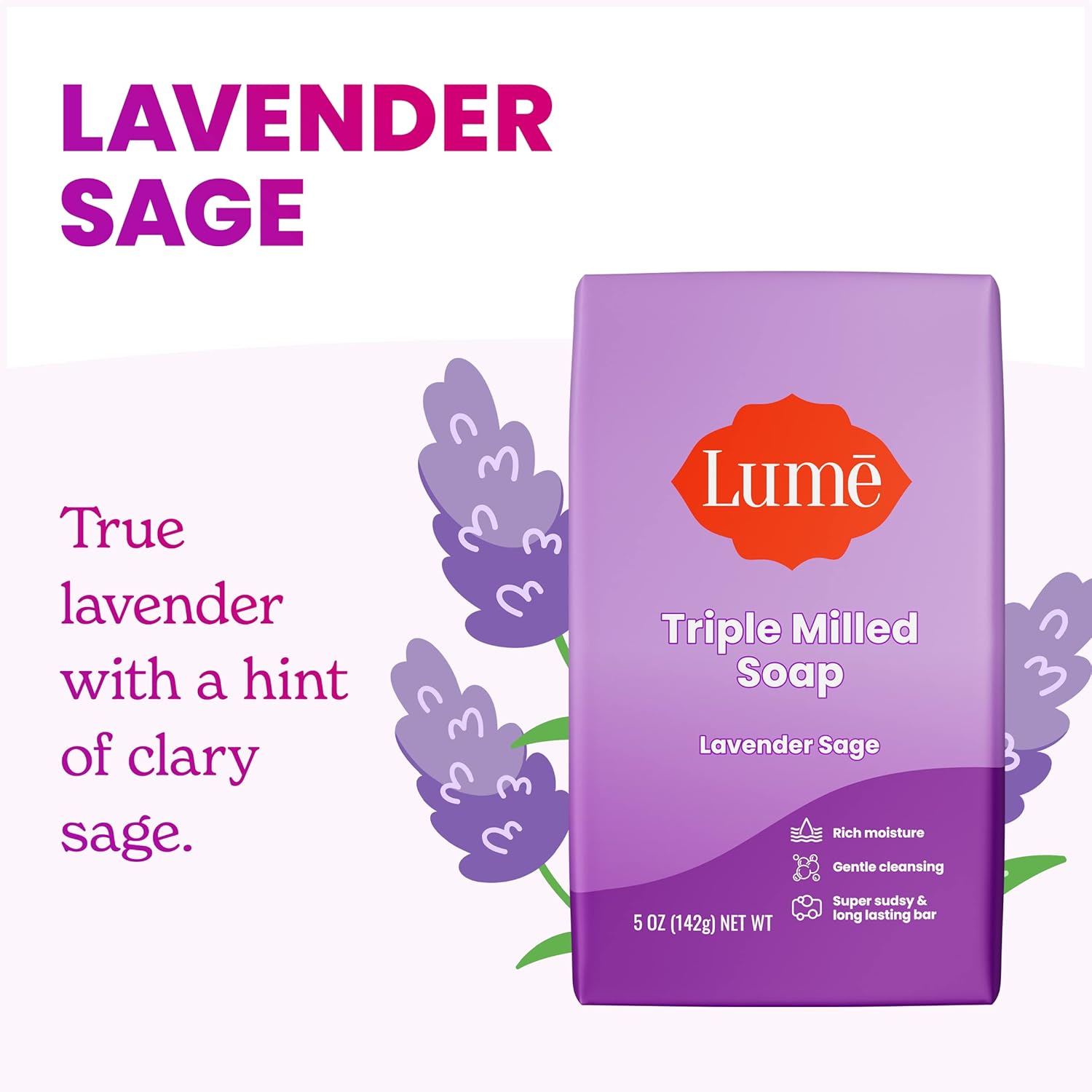 Lume Triple Milled Bar Soap - Rich Moisture & Gentle Cleansing - Paraben Free, Phthalate Free, Skin Safe - 5 ounce (Lavender Sage)