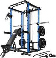 RitFit Multi-Function Squat Rack Power Cage PPC03 with Cable Crossover System, 1000LBS Capacity Power Rack and Packages with Optional Weight Bench, Barbell Weight Set, for Garage Workout & Home Gym