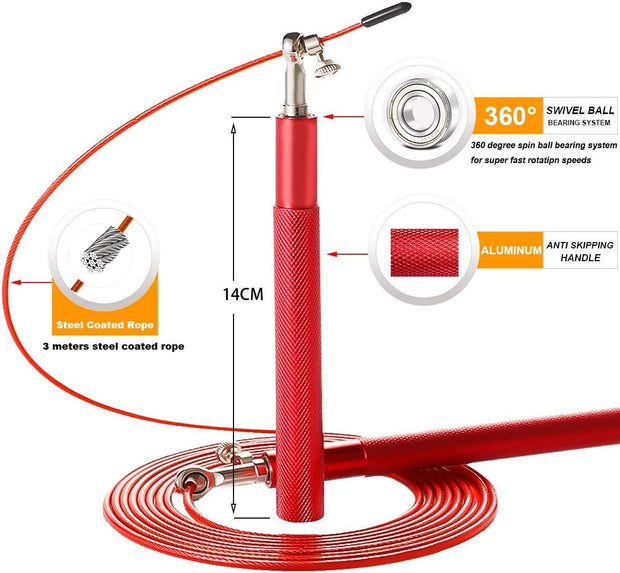 Speed Jump Rope - 360° Swivel Ball Bearing - Adjustable steel coated rope-Aluminum Anti Skipping Handle -Fitness Training Boxing Sports Exercises -Suitable for Kids and Adults