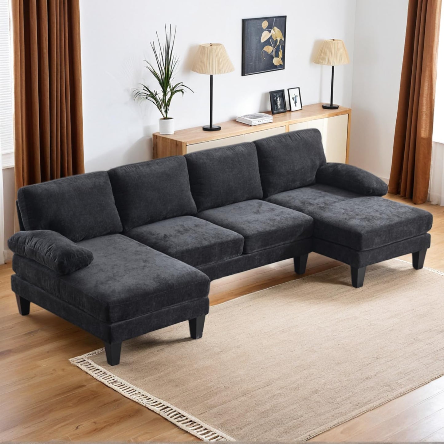 Karl home U-Shape Sectional Sofa Couch 111" Modern 4-Seat Sofa with Chaises Chenille Fabric Upholstered Covertible Couch with Wood Grain Legs for Living Room, Reception Room, Apartment, Beige