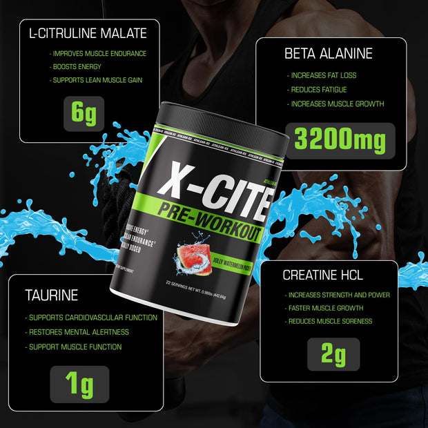 X-CITE Pre-Workout by ATHLEAN-X - Enhanced Formula with Beta-Alanine, Creatine & Caffeine for Ultimate Energy, Endurance, Focus & Muscle Pump, NSF Certified for Sports (22 Servings, Fruit Punch)