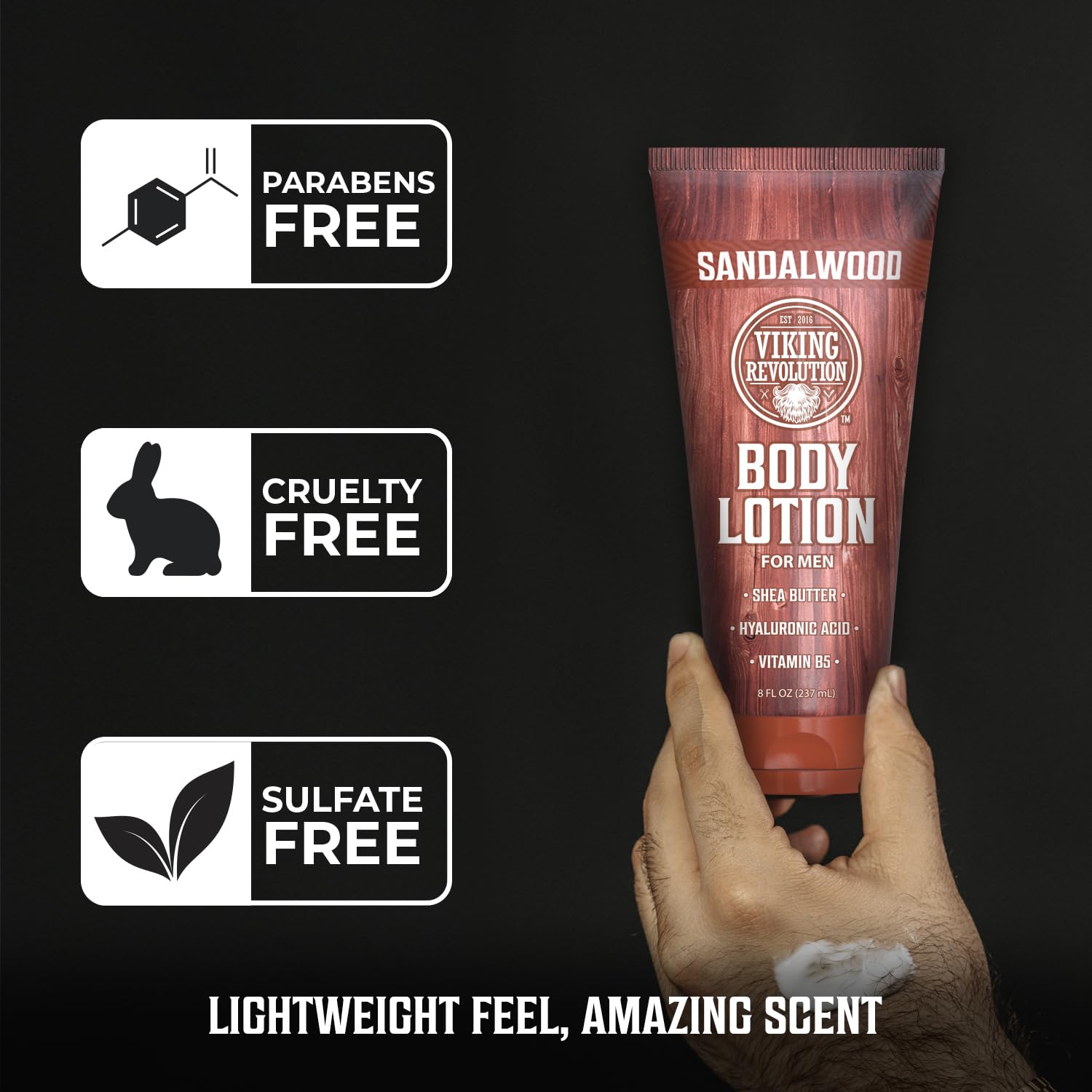 Viking Revolution Sandalwood Body Lotion for Men – Mens Lotion for Dry Skin with Shea Butter, Hyaluronic Acid and Vitamin B5 – Nourishing Mens Body Lotion for Hydrated and Smooth Skin (8oz, 1 Pack)