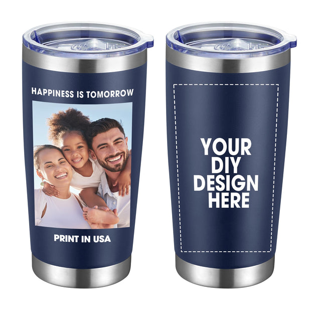 Personalized Custom Tumbler Print in USA 20oz Stainless Steel Coffee Cup with Lid & Straw Double Wall Insulated Tumbler with Colorful Text Logo Photo