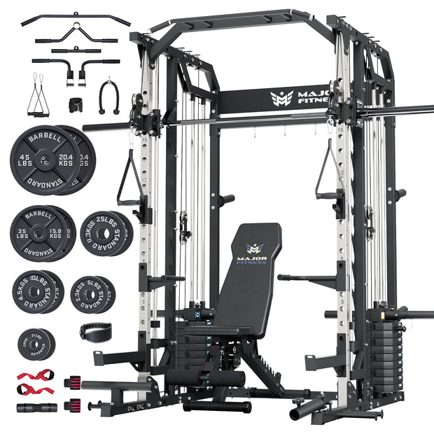 Major Fitness Drone2 Advanced Training Smith Machines– All-in-One Home Gym Squat Rack with Aluminum Pulley Set , Weight Bar, Dual LAT Pull-Down Systems & Cable Crossover Machine for Full-Body Workouts