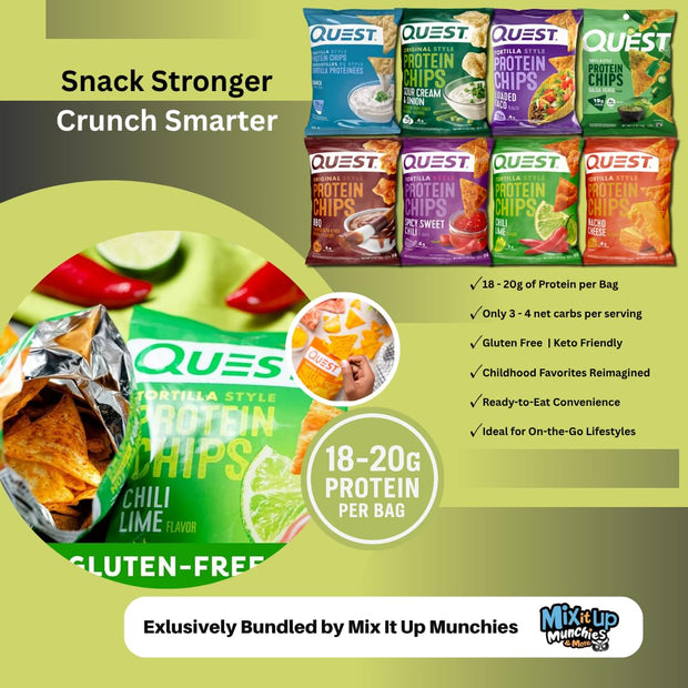 Quest Protein Chips Variety Pack – 8-Flavors + 4 MIMM MInts | High Protein 18-20g Per Bag | Keto Snacks, Baked, Crunchy, Gluten Free, and Low Calorie Snacks | Bundled by Mix It Up Munchies | Healthy Gift Snack Box Variety Pack