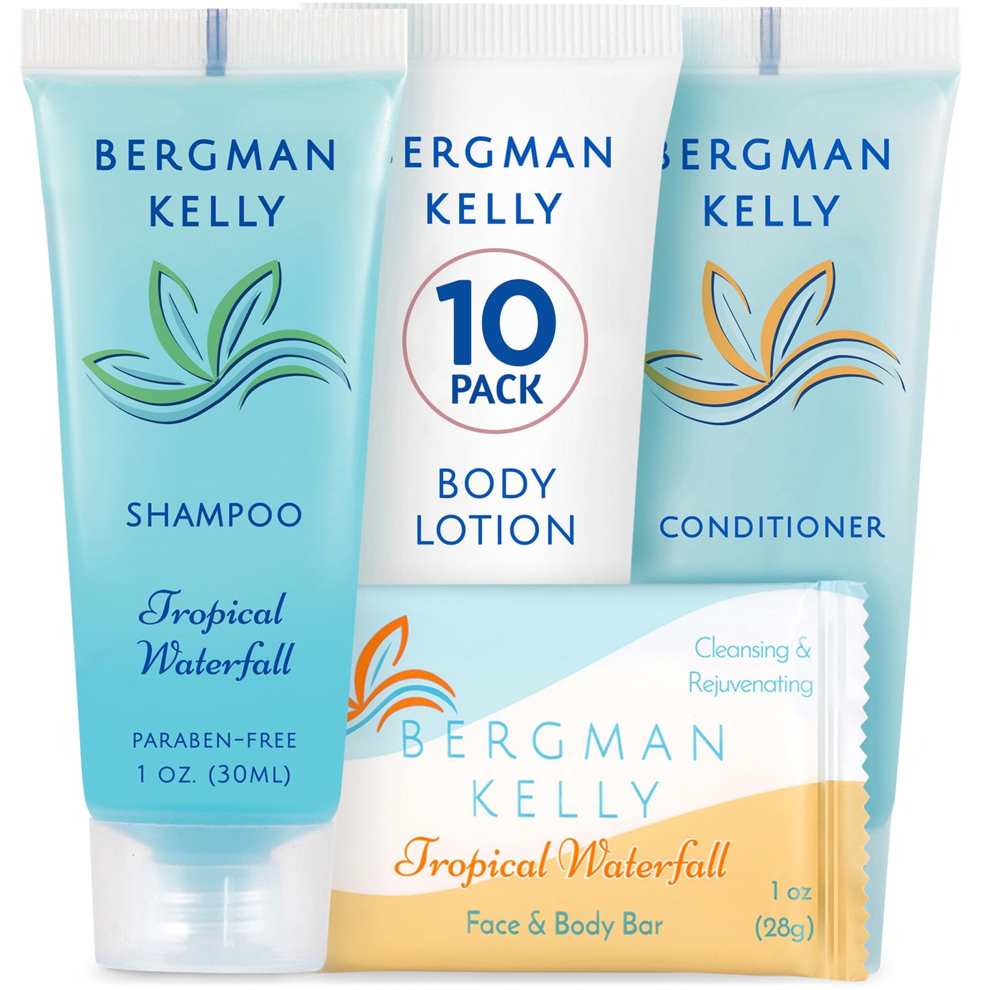 BERGMAN KELLY Hotel Toiletries Bundle (Tropical Waterfall, 1 oz each, 200 Pieces) 4-Piece Set: 50 Rectangular Bar Soap, 50 Shampoo, 50 Conditioner & 50 Body Lotion - Bulk Mini Guest Amenities