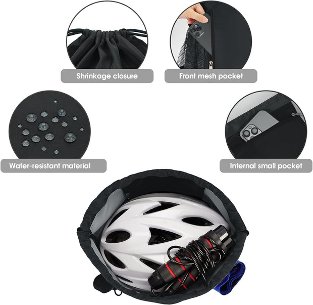 WANDF Drawstring Backpack Sports Gym Sackpack with Mesh Pockets Water Resistant String Bag for Women Men(Black)