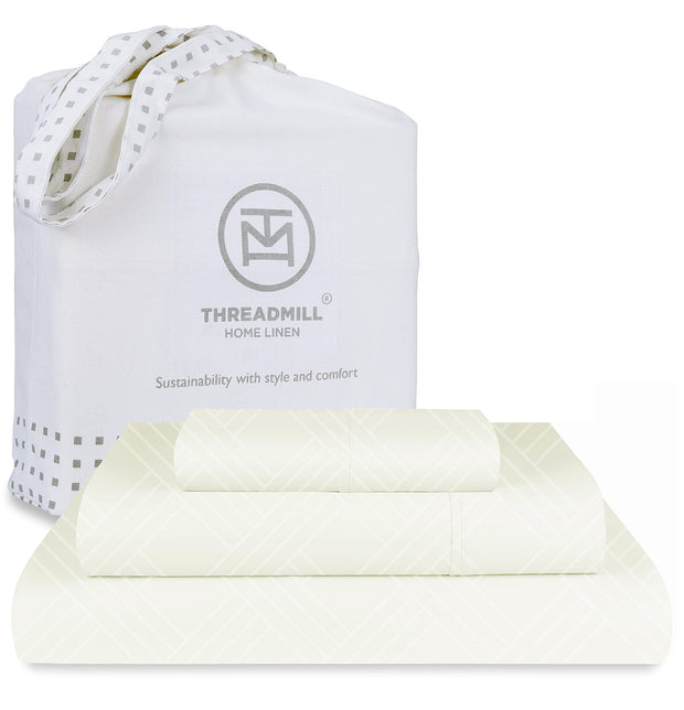 Threadmill Luxury 100% Cotton King Size Sheets Set- 800 Thread Count Jacquard Celine Hotel White, Better Than Egyptian Cotton,4 Pc Striped Bed Set, Damask Bed Sheets with 16" Deep Pocket