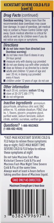 Mucinex Maximum Strength Fast-Max Cold & Flu and Nightshift, All-in-One Multi Symptom Relief Liquid, 6 Fl Oz - 2 Count (Pack of 1)