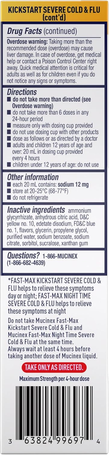Mucinex Maximum Strength Fast-Max Cold & Flu and Nightshift, All-in-One Multi Symptom Relief Liquid, 6 Fl Oz - 2 Count (Pack of 1)
