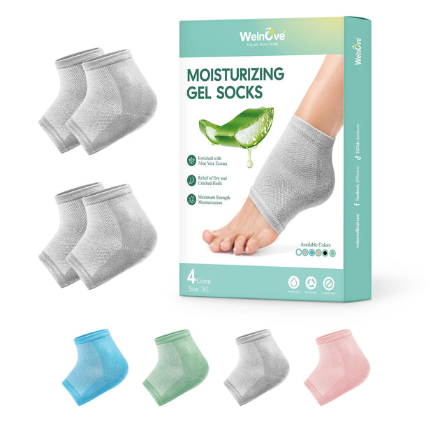 Welnove Moisturizing Heel Socks - 2 Pairs Aloe Vera Extract Infused Gel Lining for Dry Feet - Cracked Heel Repair Treatment - Cotton Socks for Women Men Foot Care (Regular Sizes)