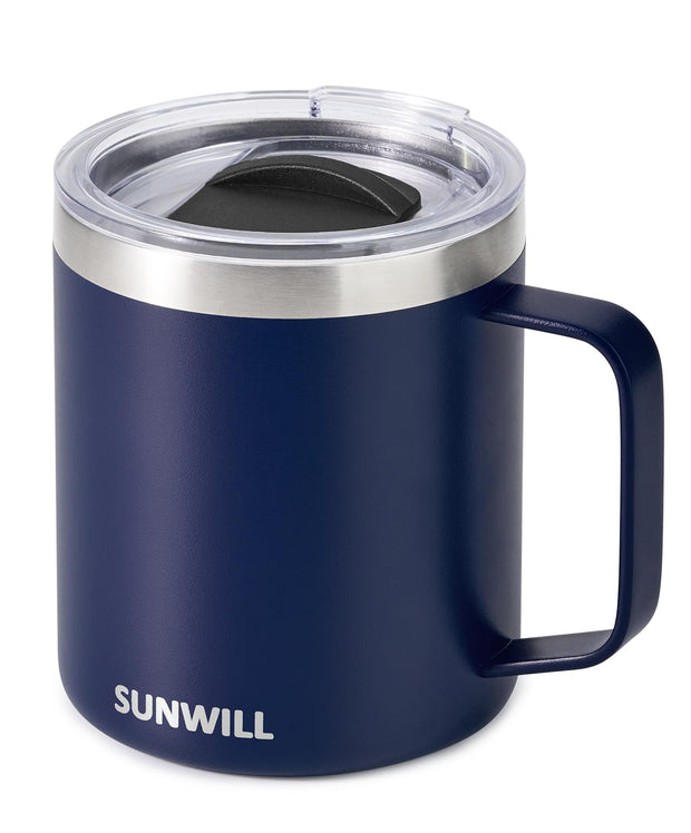 SUNWILL Insulated Coffee Mug with Lid, Travel Tumbler with Handle, 14 oz Stainless Steel Cup for Camping, Office, Home, Powder Coated White