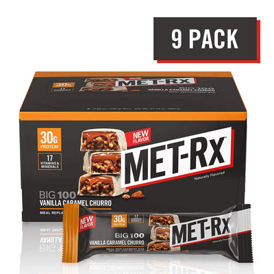 MetRX MET-Rx Big 100 Colossal Protein Bars, Great as Healthy Meal Replacement, Snack, and Help Support Energy, Gluten Free, Vanilla Caramel Churro, 100 g, 9 Count, 9 Count