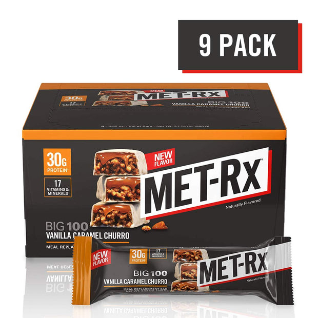 MetRX MET-Rx Big 100 Colossal Protein Bars, Great as Healthy Meal Replacement, Snack, and Help Support Energy, Gluten Free, Vanilla Caramel Churro, 100 g, 9 Count, 9 Count