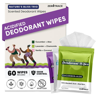 Zero Trace Travel Deodorant Wipes - 60 Count- 24 Hour Odor Control - Aluminum Free Hypoallergenic Mini Deodorant For Women and Men - Individually Wrapped Underarm & Body Wipes- Nature Bliss Trio