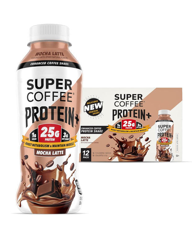 SUPER COFFEE Protein+, Keto Protein Coffee (0g Added Sugar, 25g Protein, 150 Calories) [Mocha] 12 Fl Oz, 12 Pack | Iced Smart Coffee Drinks