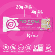 No Cow Vegan Protein Bars, Upgraded Birthday Cake | 20g Plant Based Protein, Gluten Free, Dairy Free, Soy Free, Keto Friendly, Low Sugar, High Fiber Snack Bars | Pack of 12