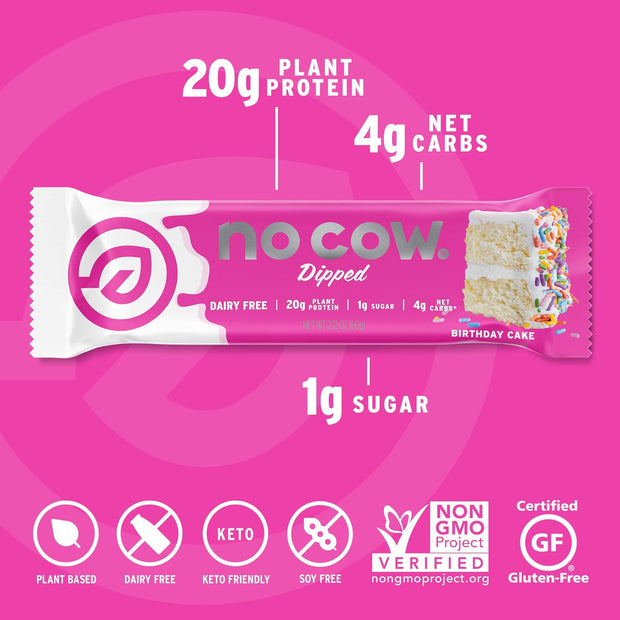 No Cow Vegan Protein Bars, Upgraded Birthday Cake | 20g Plant Based Protein, Gluten Free, Dairy Free, Soy Free, Keto Friendly, Low Sugar, High Fiber Snack Bars | Pack of 12