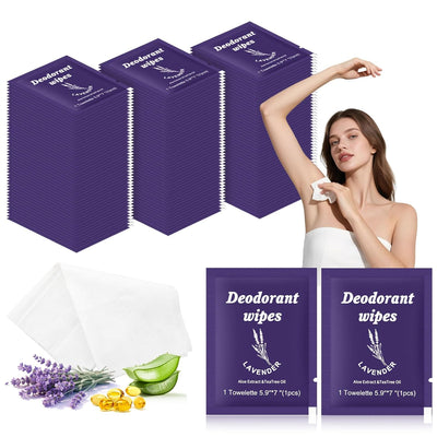 Travel Deodorant Wipes Individually Wrapped,Body Wipes to Clean Skin for Women Men（Lavender,pack of 100)