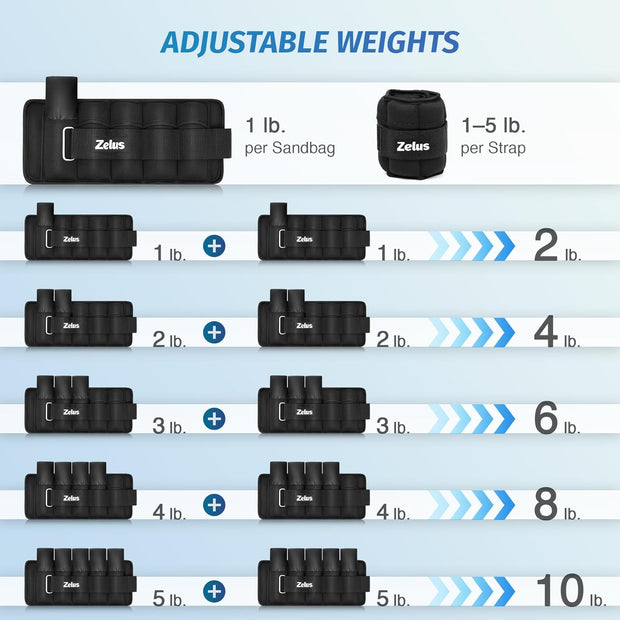 ZELUS 1 Pair Adjustable Ankle Weights, 2 4 6 8 10 lb Modularized Leg Weight Straps for Women Men, Weighted Ankle Weight Set with Removable Sandbags, 1-5 lb per Ankle Strap for Gym Yoga Jogging Walking