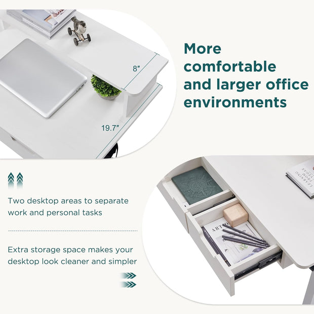 RedLemon 60 Inches L Shaped Electric Standing Desk, Height Adjustable Corner Gaming Desk with Drawers, Keyboard Tray, Power Outlets & LED Lights, Computer Desk with Monitor Shelf, Antique White